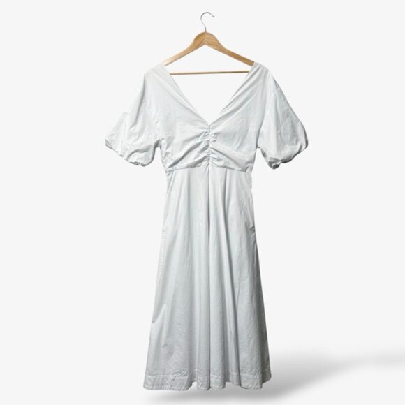 STAUD Finely Twisted Front Midi Dress Classic White V-Neck Puff Sleeve, Size 8 - Picture 8 of 14